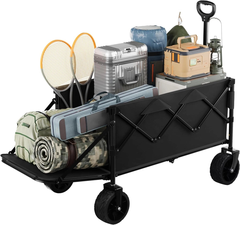 Carrello Pieghevole Portatutto, Carrellino da Giardino con Portellone Posteriore e Ruote per Tutti i Terreni con Freno, Capacità di Carico Fino a 150 kg, Nero