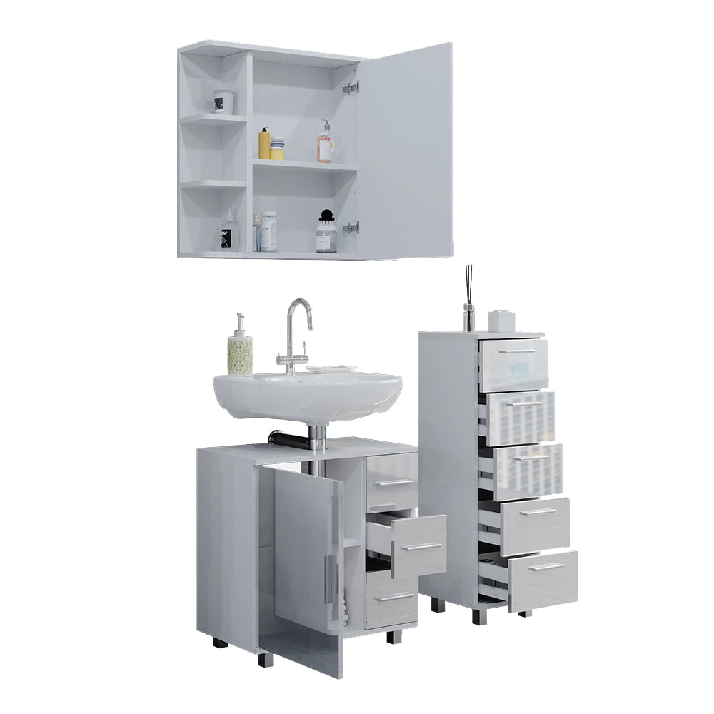Vicco Set mobili bagno Bianco lucido 3 parti, con armadio midi