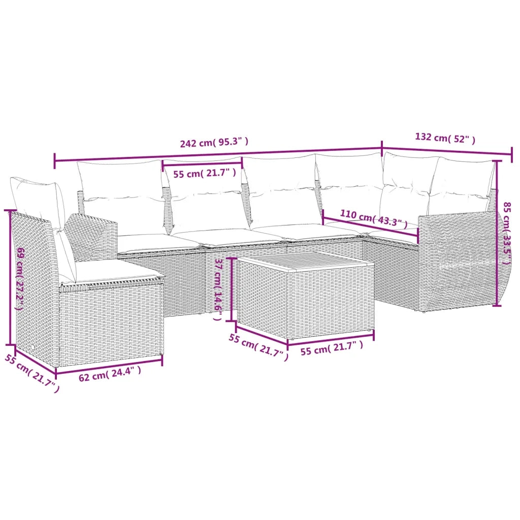 Set Divani da Giardino 7 pz con Cuscini Beige in Polyrattan 3225029