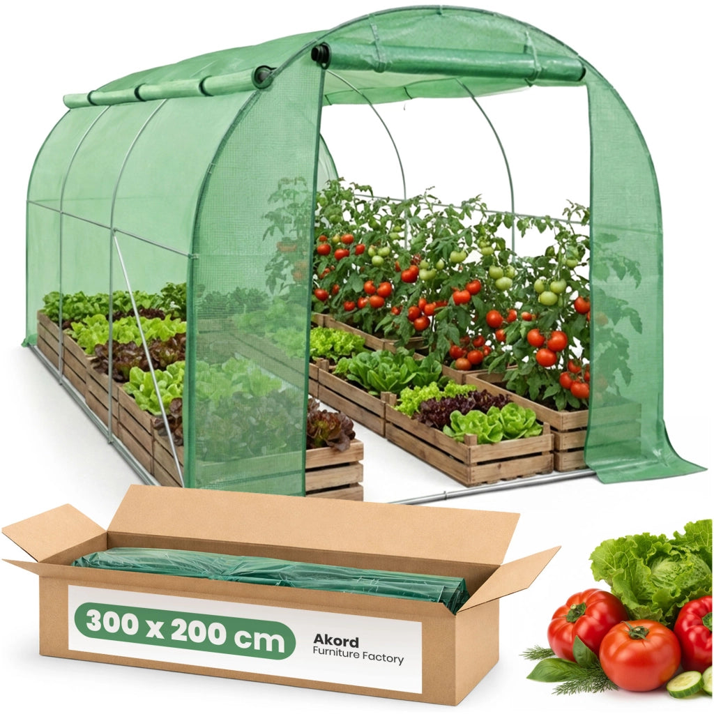 Serra da giardino a tunnel con struttura in metallo e telo in PE con pareti arrotolabili 1 porta 6 finestre Verde 200x300x200 cm