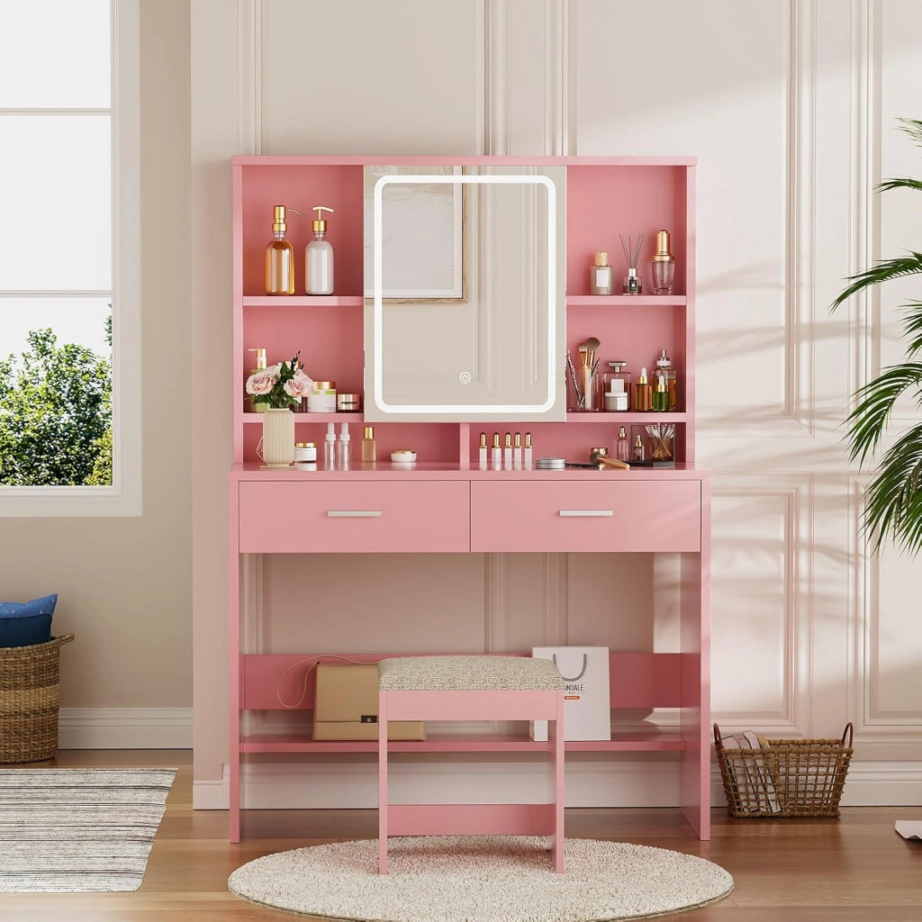 Toeletta da Trucco con Luci LED,Tavolo da Trucco con Sgabello, Postazione Trucco con Specchio,Scomparti Aperti, Ripiani Regolabili,Moderno,per Camera da Letto,Rosa