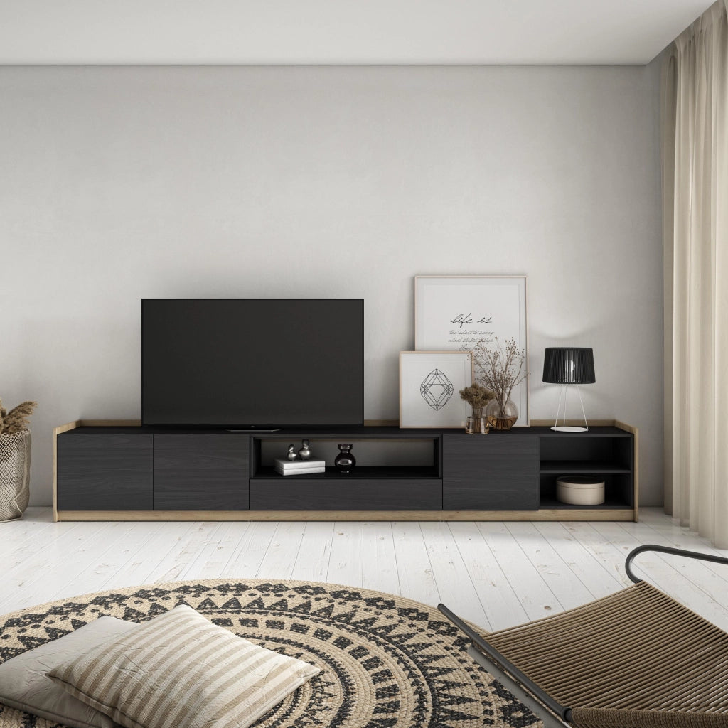 Mobile TV Soggiorno, 310x50x37 cm, Per TV fino a 80", Mobile Soggiorno, Nero e rovere