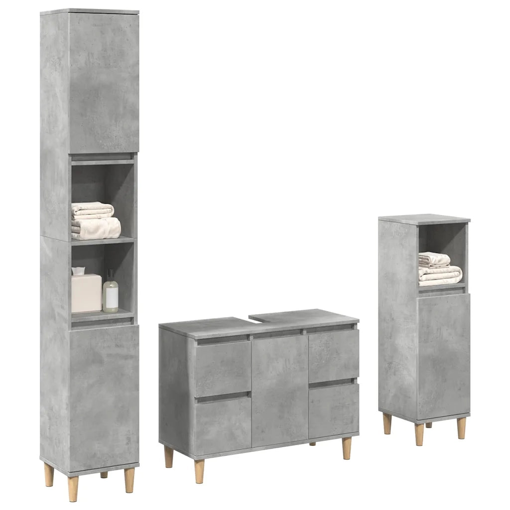 Set Mobili da Bagno | Armadio da bagno 3 pz Grigio Cemento in Legno Multistrato