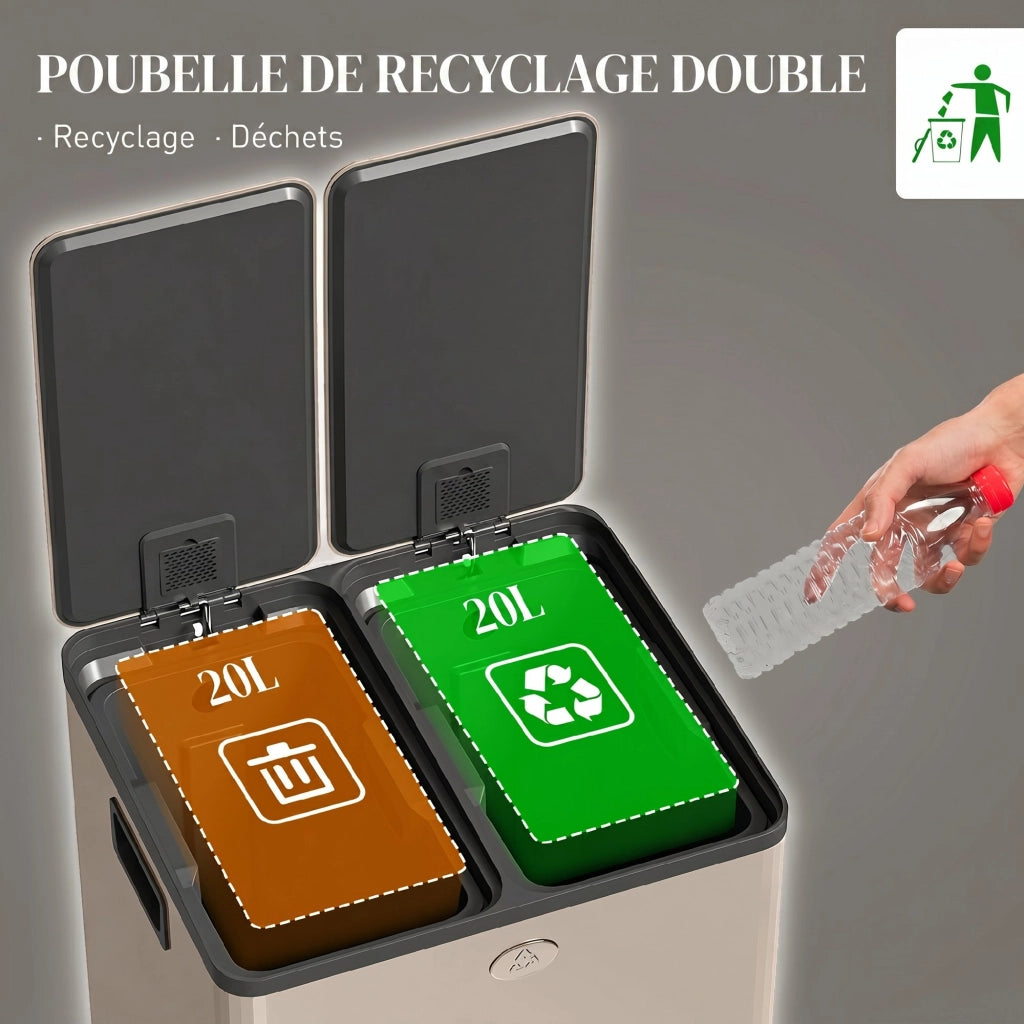 Bidone della spazzatura 2 scomparti 2x20L ¨C zephmum ¨C inox dorato 45.8x36x51.6cm