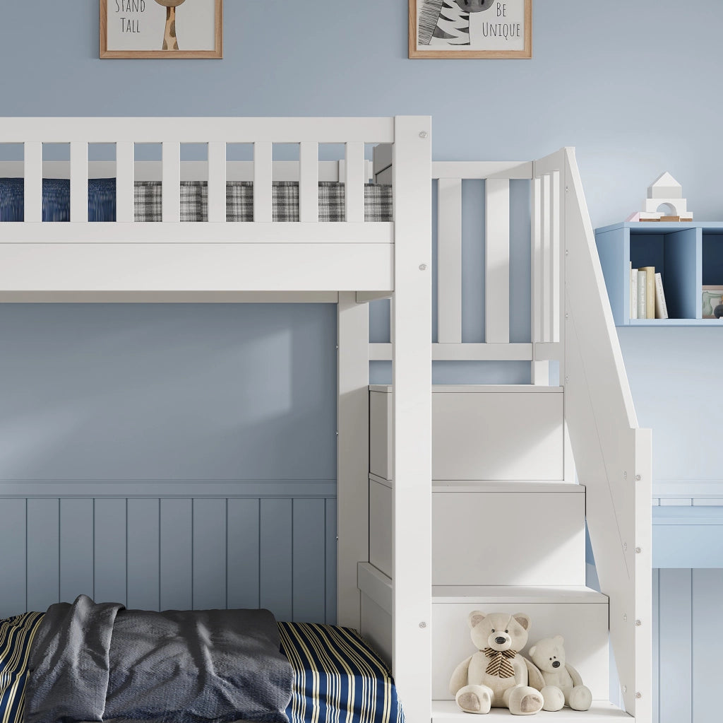 Letto a castello bianco 90x200 cm per bambini con scala contenitore; 2 cassetti e sponde di protezione