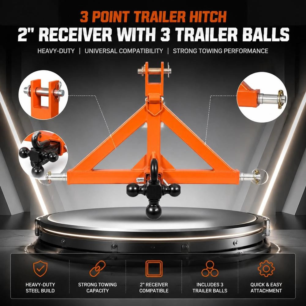 3 Point Trailer Hitch With 2" Receiver, 3 Pt Quick Hitch Attachment With 3 Trailer Balls, Tractor Tow Drawbar Adapter For Category 1, Kubota, Mahindra, Ford, Yanmar, John Deere, Massey Ferguson