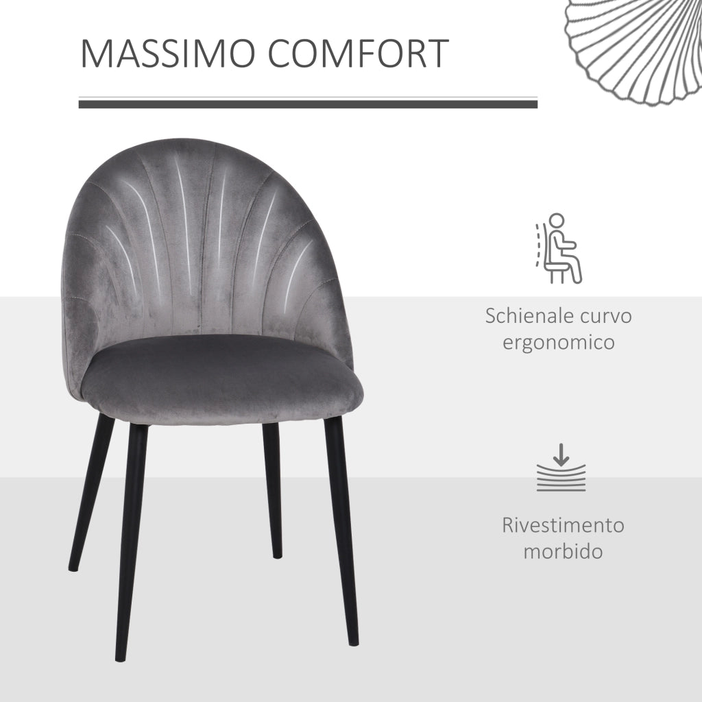 EasyComfort Set da 2 Sedie da Pranzo in Velluto Imbottite con Schienale a Conchiglia e Gambe in Metallo, Grigio