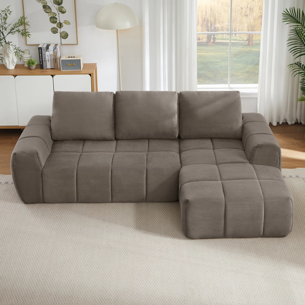 Divano angolare con design segmentato trapuntato, supporto in schiuma e molle, senza montaggio, in velluto taupe