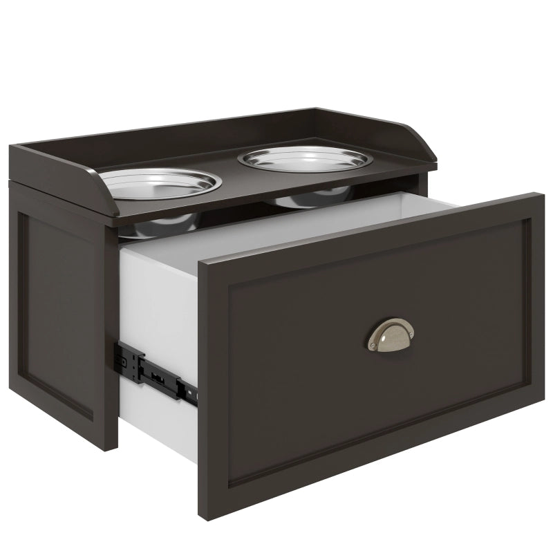 Futterstation rialzata per cani con 2 ciotole in acciaio inox e cassetto, 60 x 30 x 36 cm, marrone