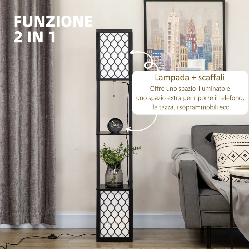 Lampada da Terra a Colonna 26x26x156 cm con 2 Ripiani in MDF e Plastica Nera