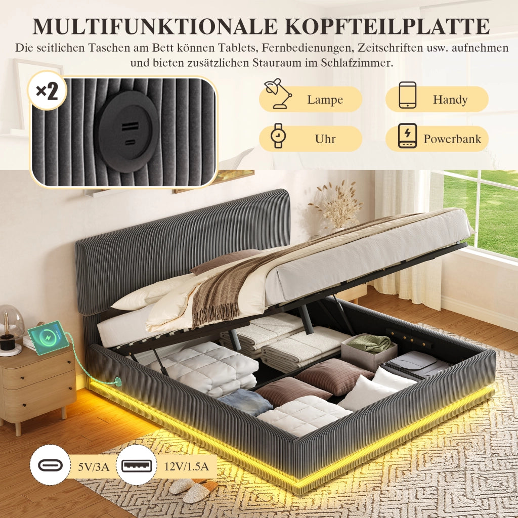 Letto imbottito con LED USB regolabile 160x200 cm velluto a coste grigio scuro