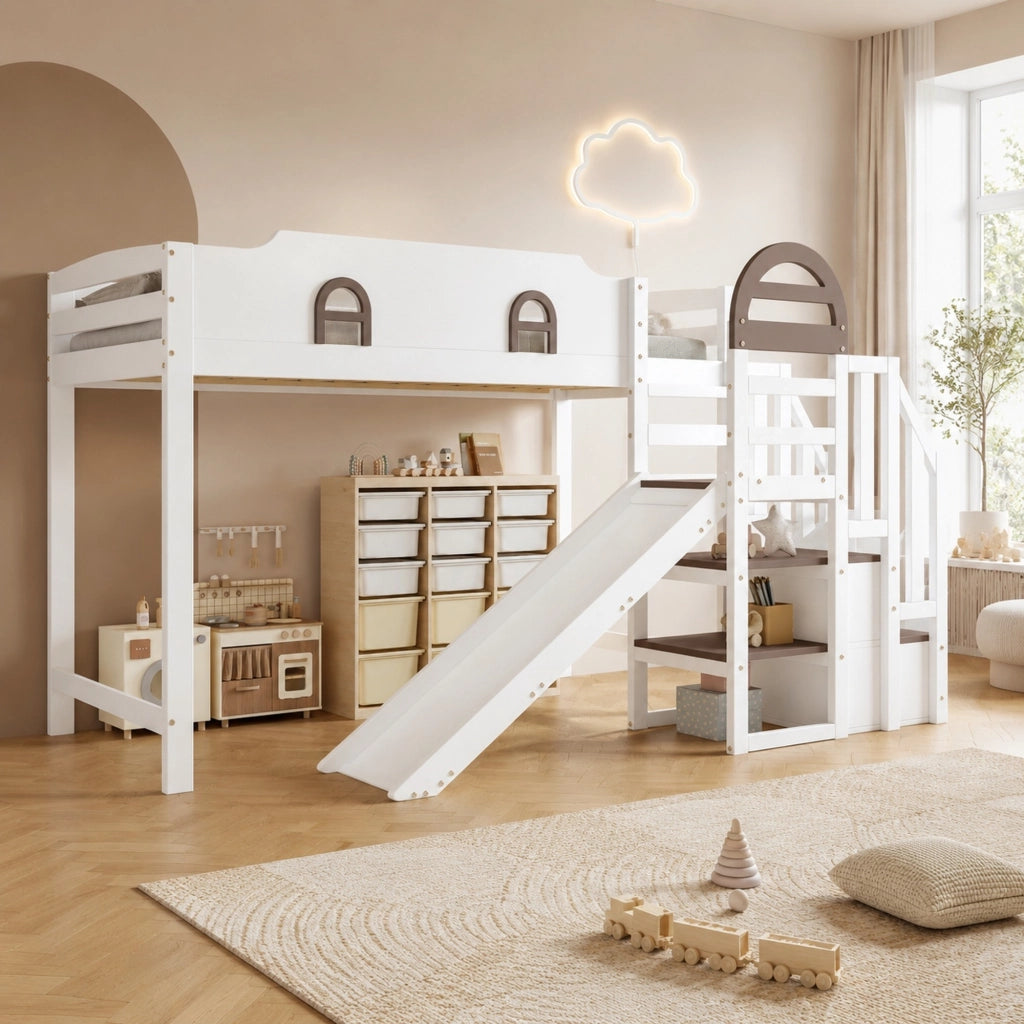 LETTO A CASTELLO CON FINESTRE E SCIVOLO 90 x 200 CM BIANCO