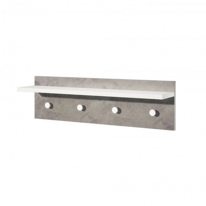 Pannello appendiabiti a parete con ripiano e 4 ganci bianco e cemento 80x15x23 cm - Terraneo