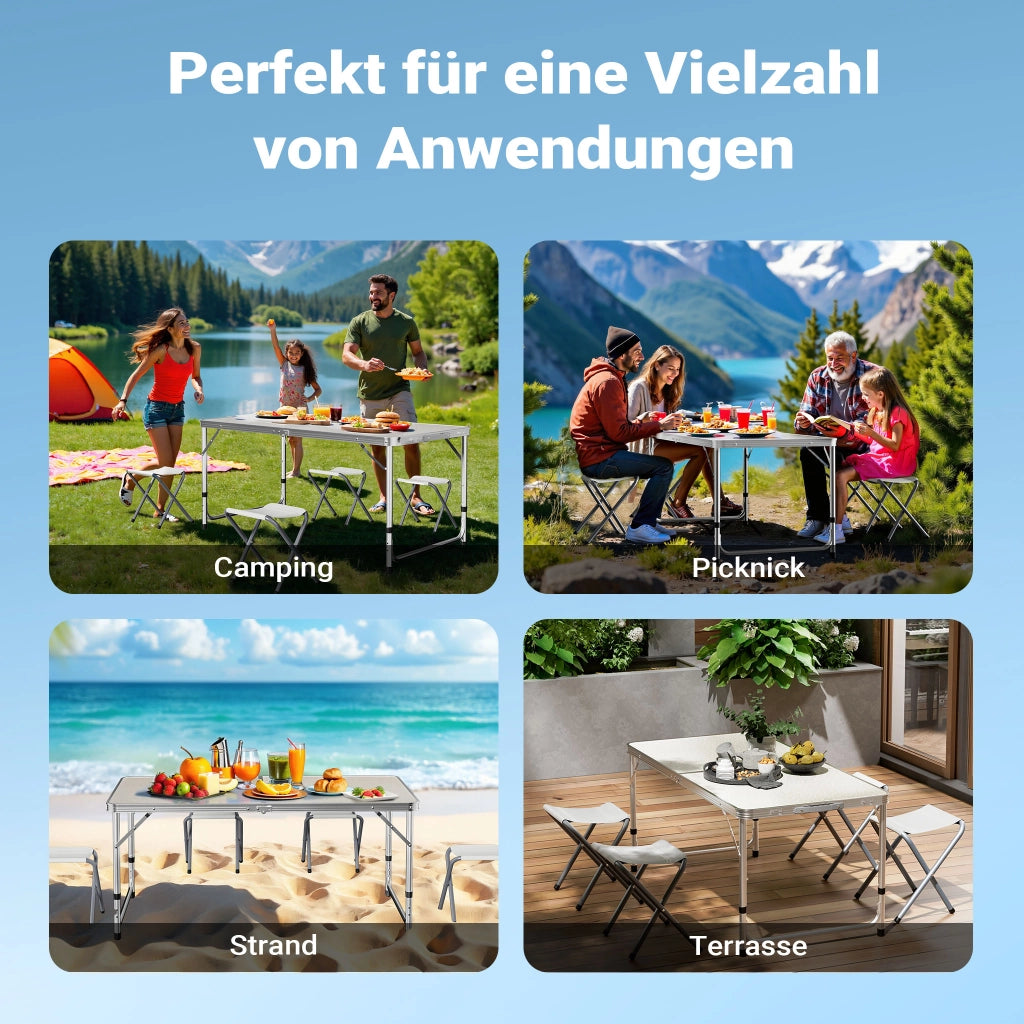 Set da campeggio con tavolo pieghevole regolabile in altezza e 4 sedie richiudibili per uso outdoor