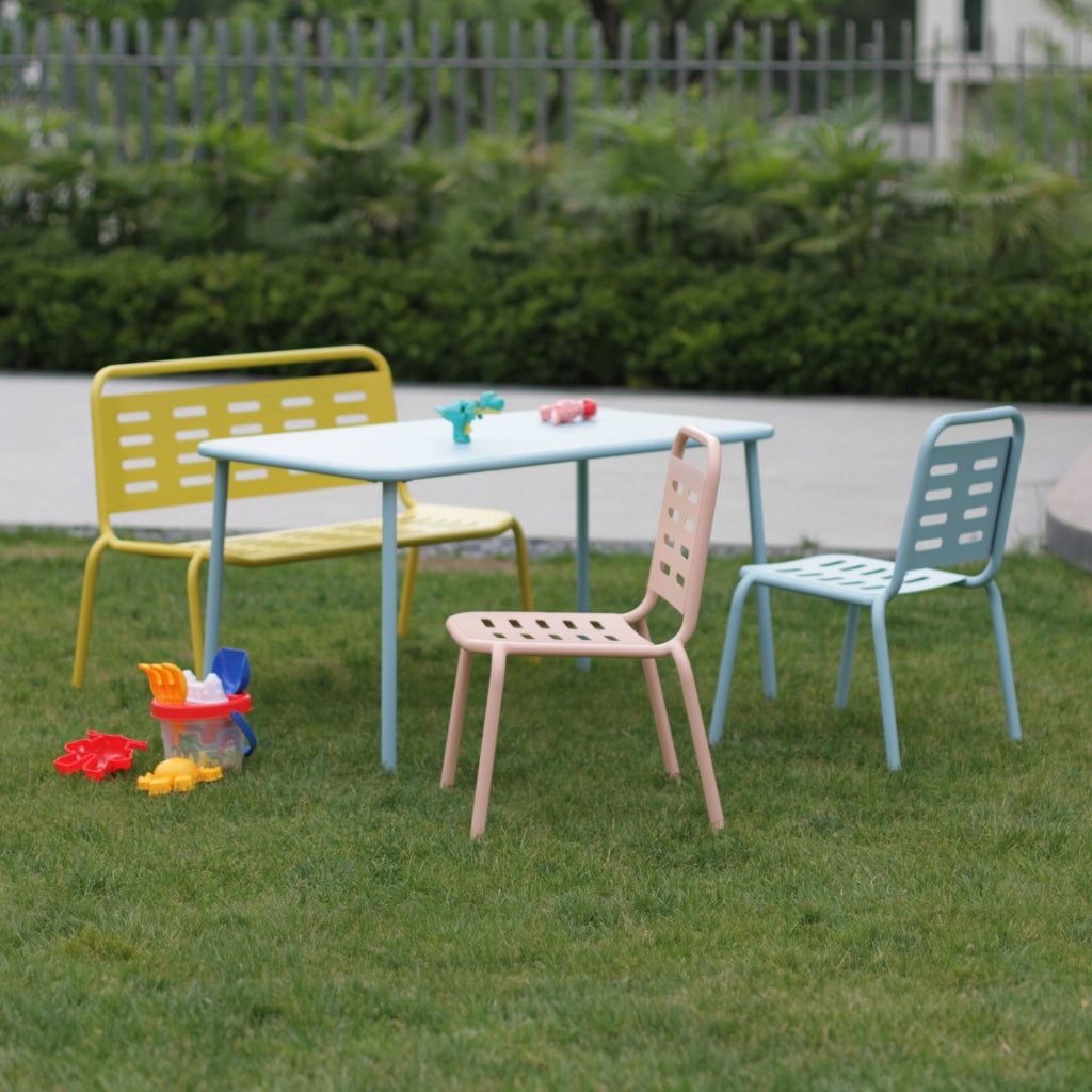 Set di 4 Mobili Etroubles per Bambini Tavolino Panca e 2 Sedie per Esterno e Interno - Giallo/Celeste/Pesca casa.pro