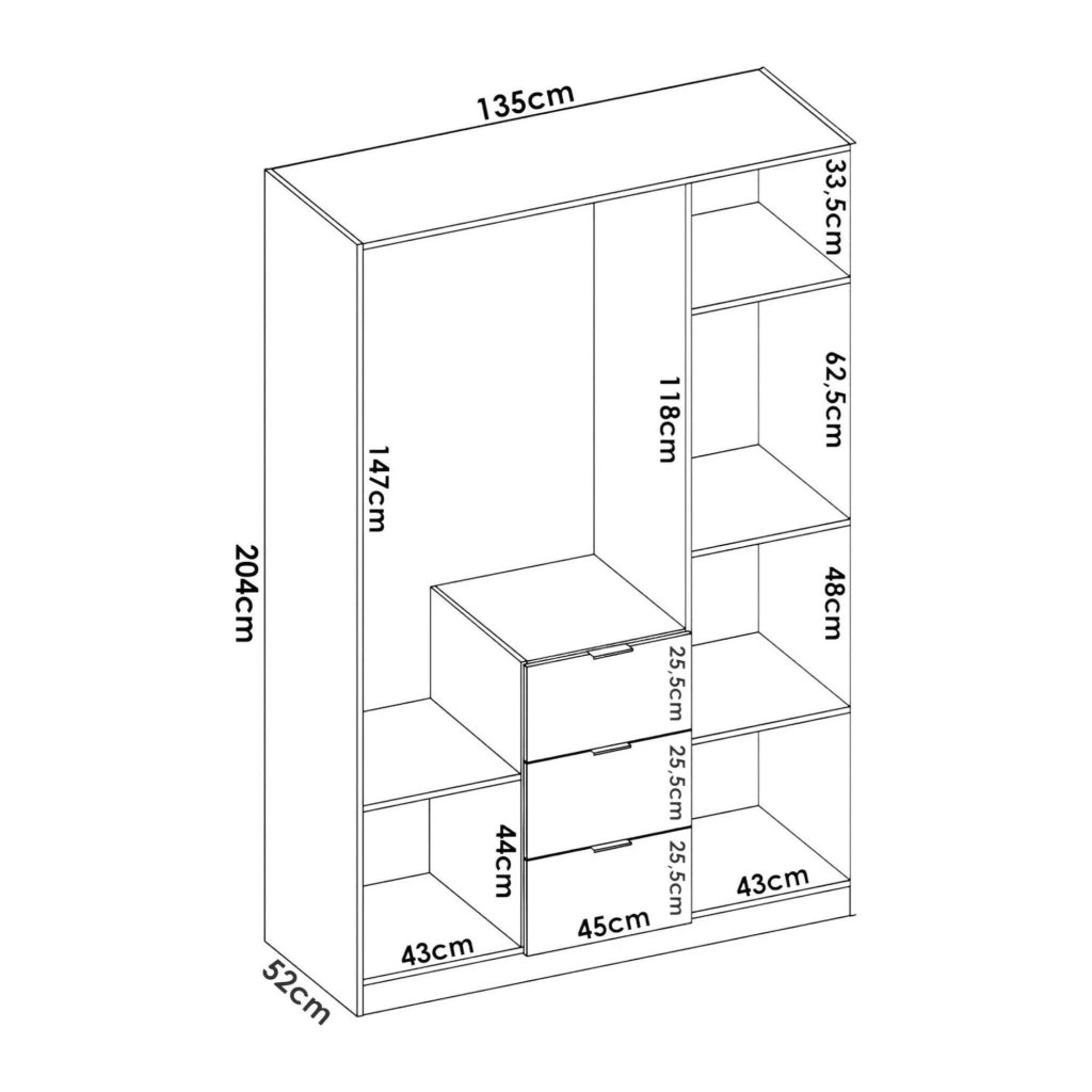 Guardaroba Anabela, Mobile appendiabiti per camera da letto, Armadio a 3 ante battenti e 3 cassetti, 135x52h204 cm, Bianco