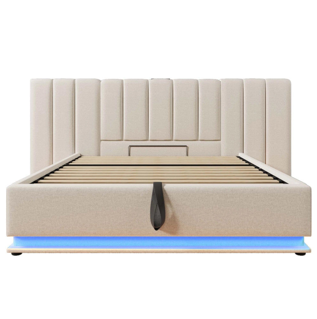 Letto matrimoniale contenitore 160x200 cm con LED 360°; 3 USB e Type-C; beige in lino
