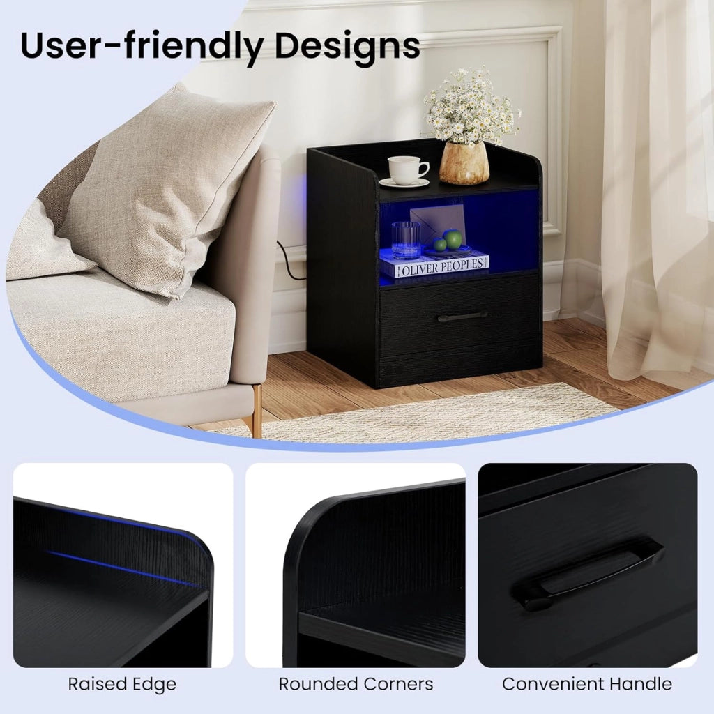 Comodino Camera da Letto con Luce e Luminosità Regolabili, 16 Colori di Luce e 3 Modalità, Telecomando, Tavolino Laterale con Cassetto e Scomparto Aperto per Libri, Piante, Cornici