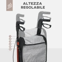 Deambulatore ad Altezza Regolabile con 3 Ruote e Tasca Portaoggetti, in Alluminio, 68x68x86.5-99 cm, Rosso