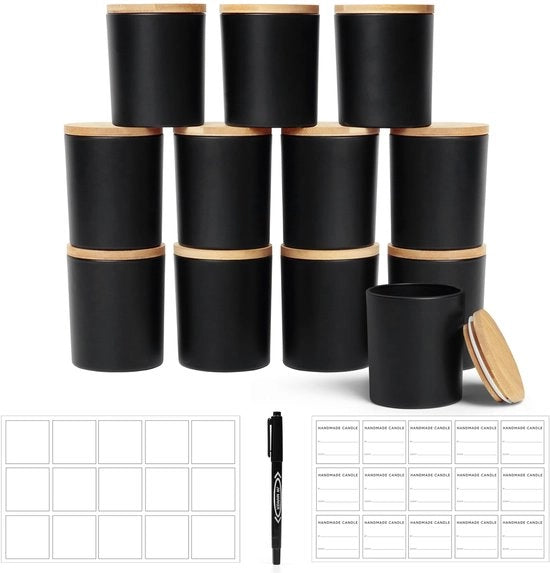 Set di contenitori per candele in bamboo, resistenti al calore, 270 ml, 12 pezzi, nero opaco, coperchi in bamboo, etichette per etichettatura semplice
