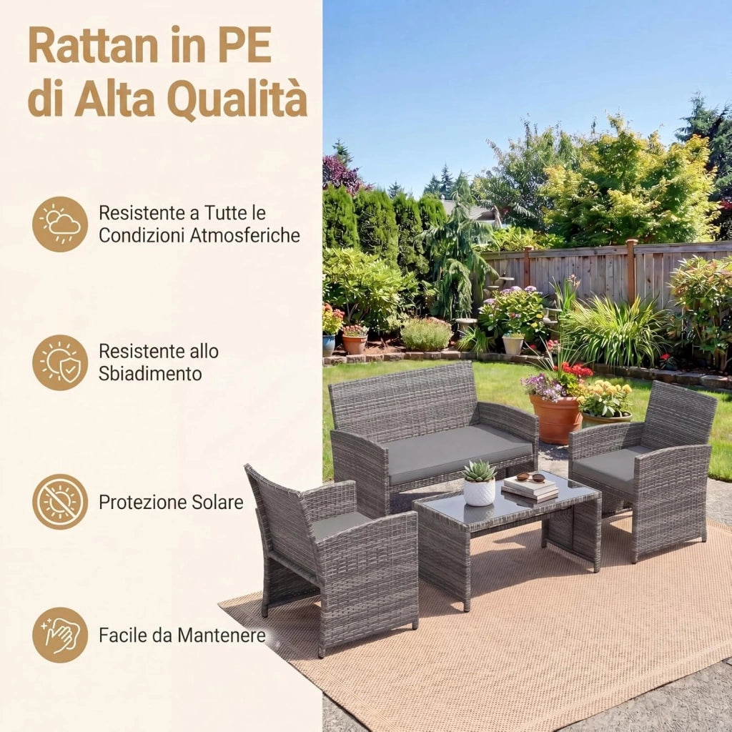 Set Mobili da Giardino in Rattan PE, Divano a 2 Posti e 2 Poltrone con Cuscini Comfort, Tavolino con Piano in Vetro, Arredo da Esterno per 4 Persone per Patio, Balcone, Cortile (Grigio+Grigio)
