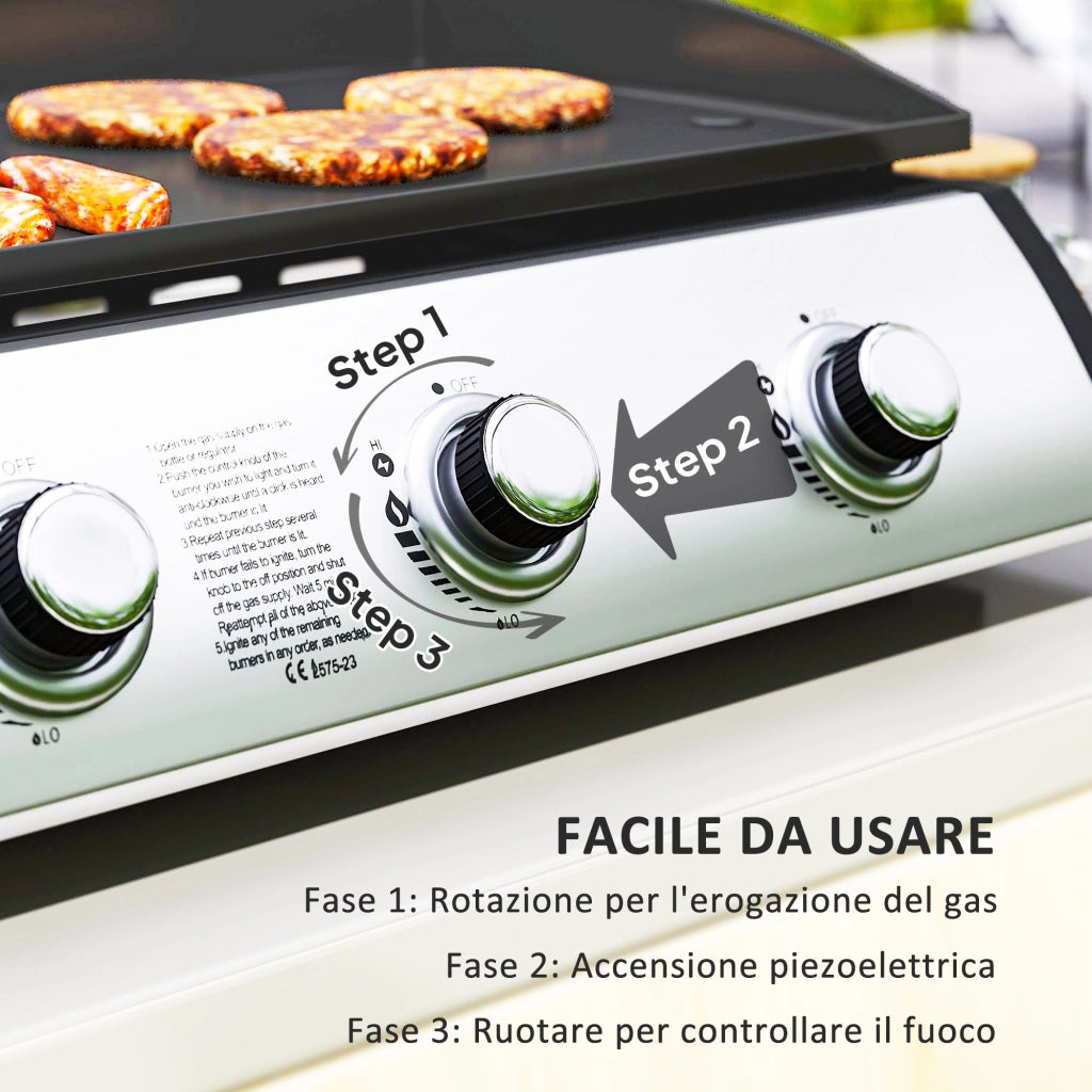 Piastra a Gas in Acciaio Smaltato con 3 Bruciatori Potenza 7.5kW, 3 Zone di Cottura e Coperchio, Nero