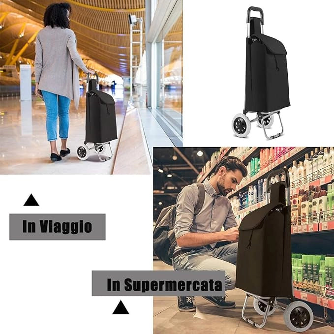 Carrello della Spesa Pieghevole con Ruote,32,8 L Trolley Borsa per Spesa in Metallo con Portata di 35 kg, Tessuto Oxford e Plastica, 35 x 28 x 90 cm, Nero