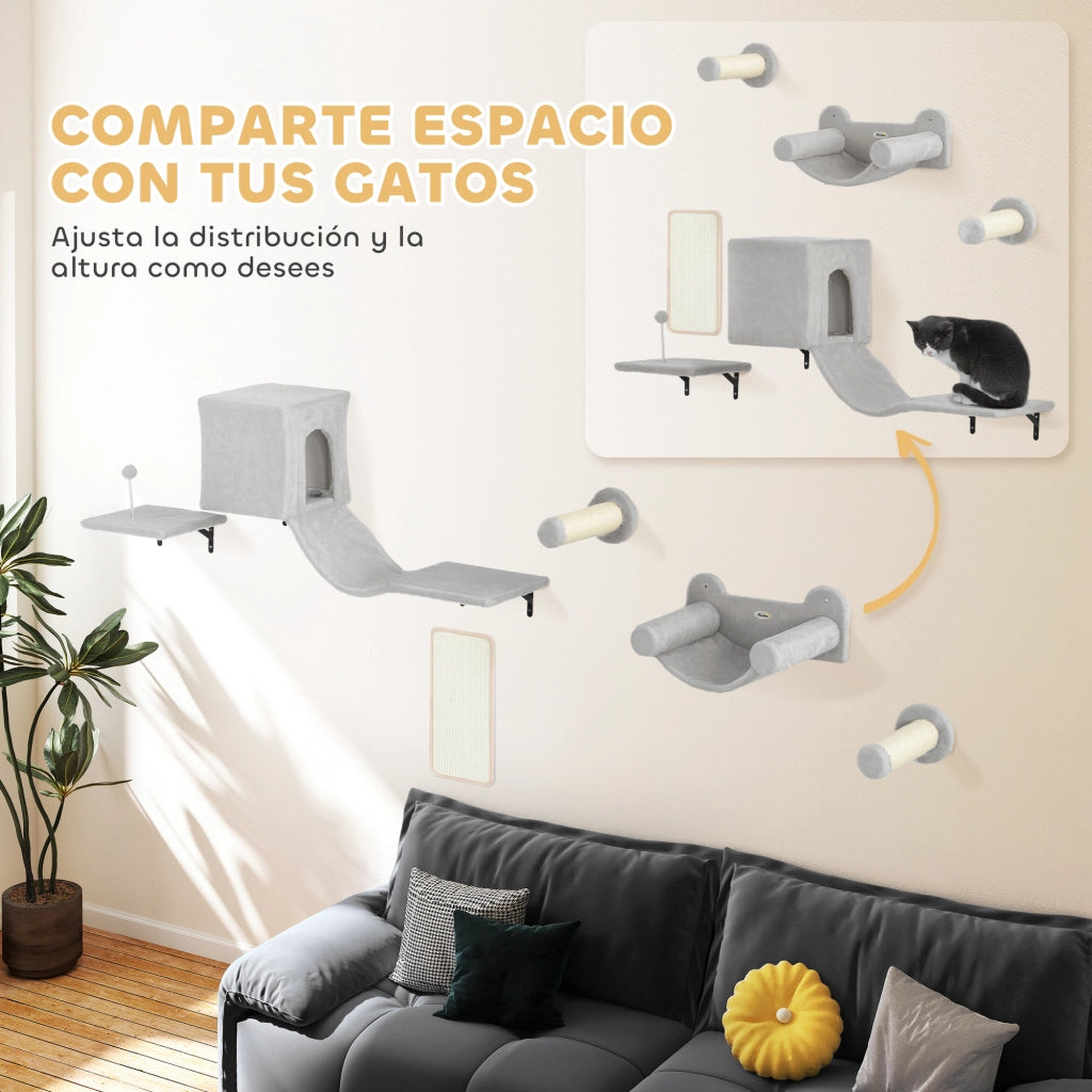 Gioco a Parete per Gatti con Condominio Piattaforma Amaca e Tiragraffi ¨C zephmum ¨C Grigio 6 Pezzi