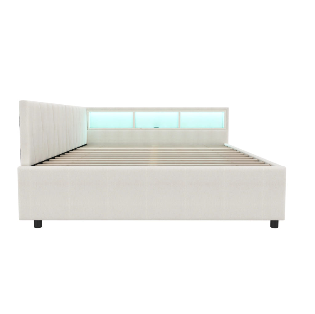 Letto a giorno 140x200 cm con LED; cassetti e USB in lino beige