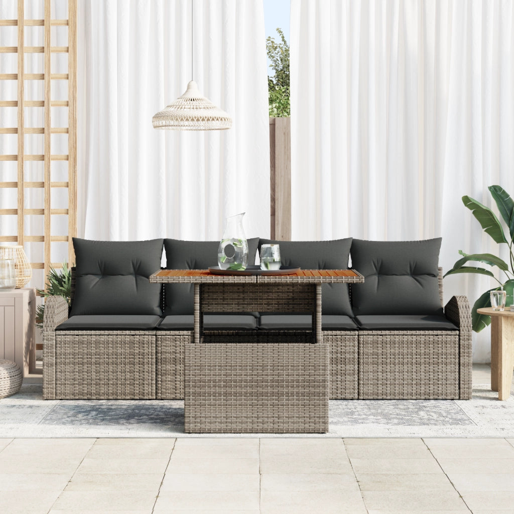 Set da Pranzo da Giardino da 5 Pezzi con Cuscini Grigio Poly Rattan Acacia