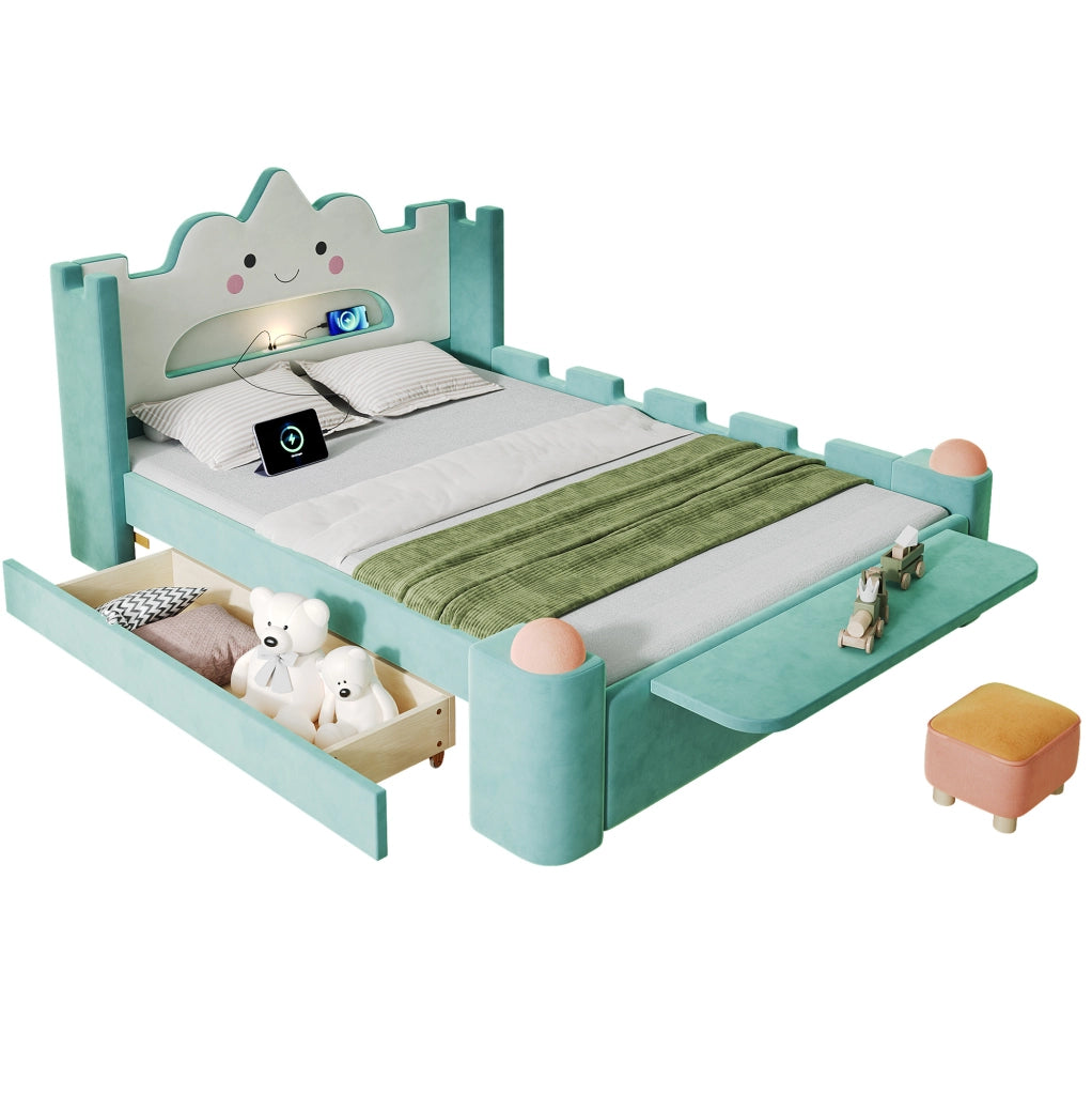Letto per bambini 140x200 cm con lampada da lettura; USB; contenitore e ripiano in velluto bluverde
