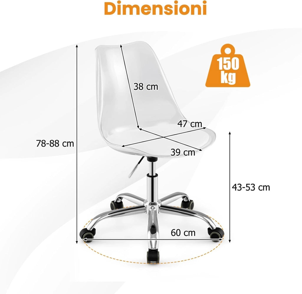 Sedia da Scrivania Ergonomica, Altezza Regolabile | Sedia da Ufficio Girevole, Seduta Imbottita, Sgabello senza Braccioli, con Ruote, Portata 150 kg, per Casa e Studio