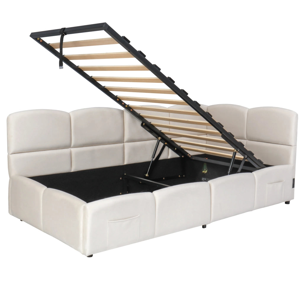 Divano letto contenitore idraulico 90x200 cm in velluto beige con USB-A/USB-C