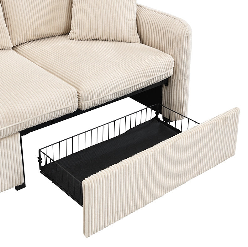 Divano modulare con 2 pouf contenitore e funzione letto; in tessuto cord beige
