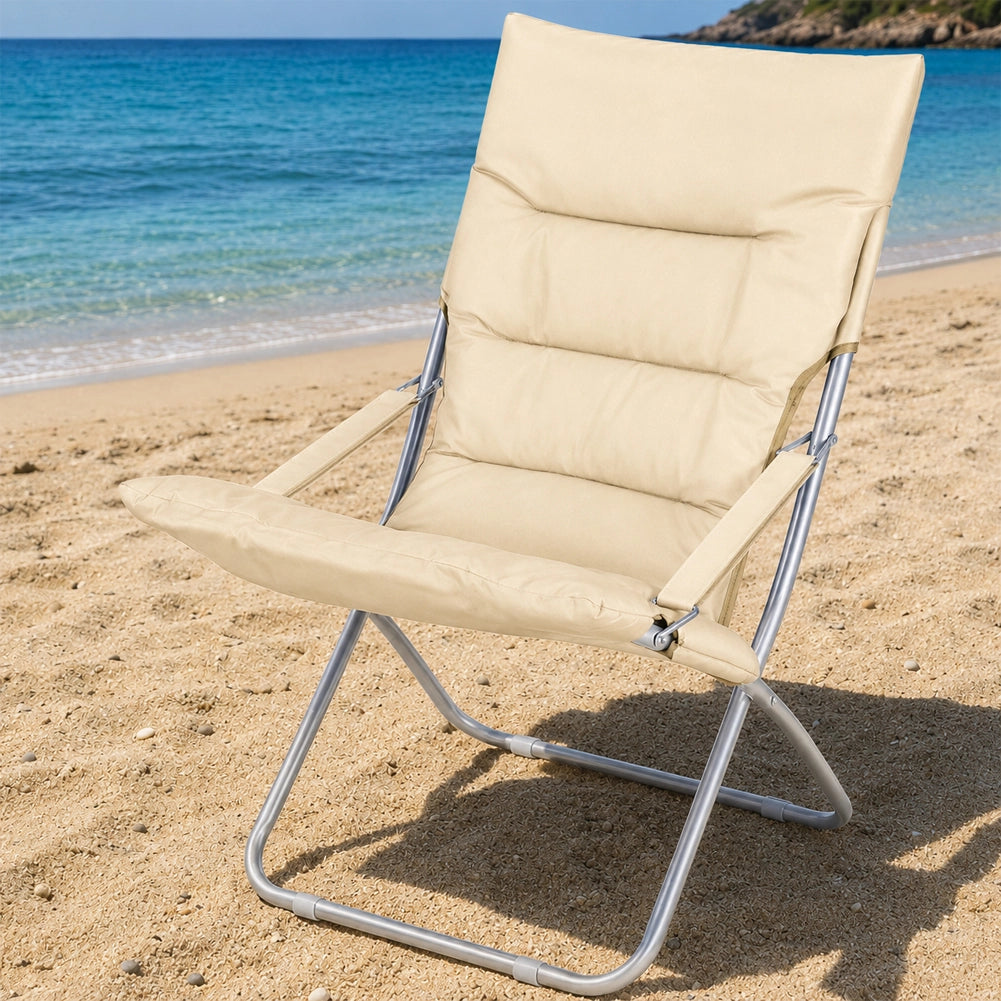 Spiaggina Sedia Canapone In Acciaio Tessuto Imbottito Pieghevole Relax Beige