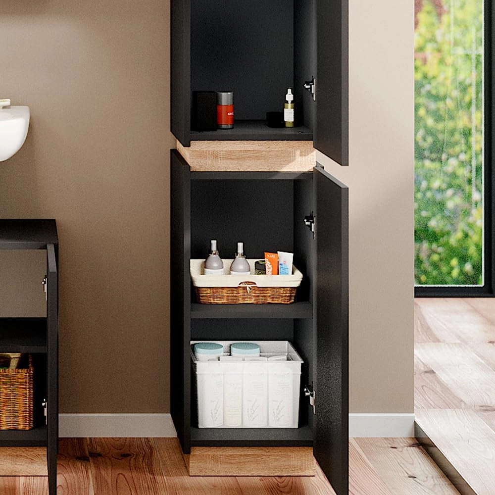 Armadio per il bagno Gloria, Antracite, 33 x 197.5 cm con 2 porte, con apertura per sifone e compatibile con la serie Gloria