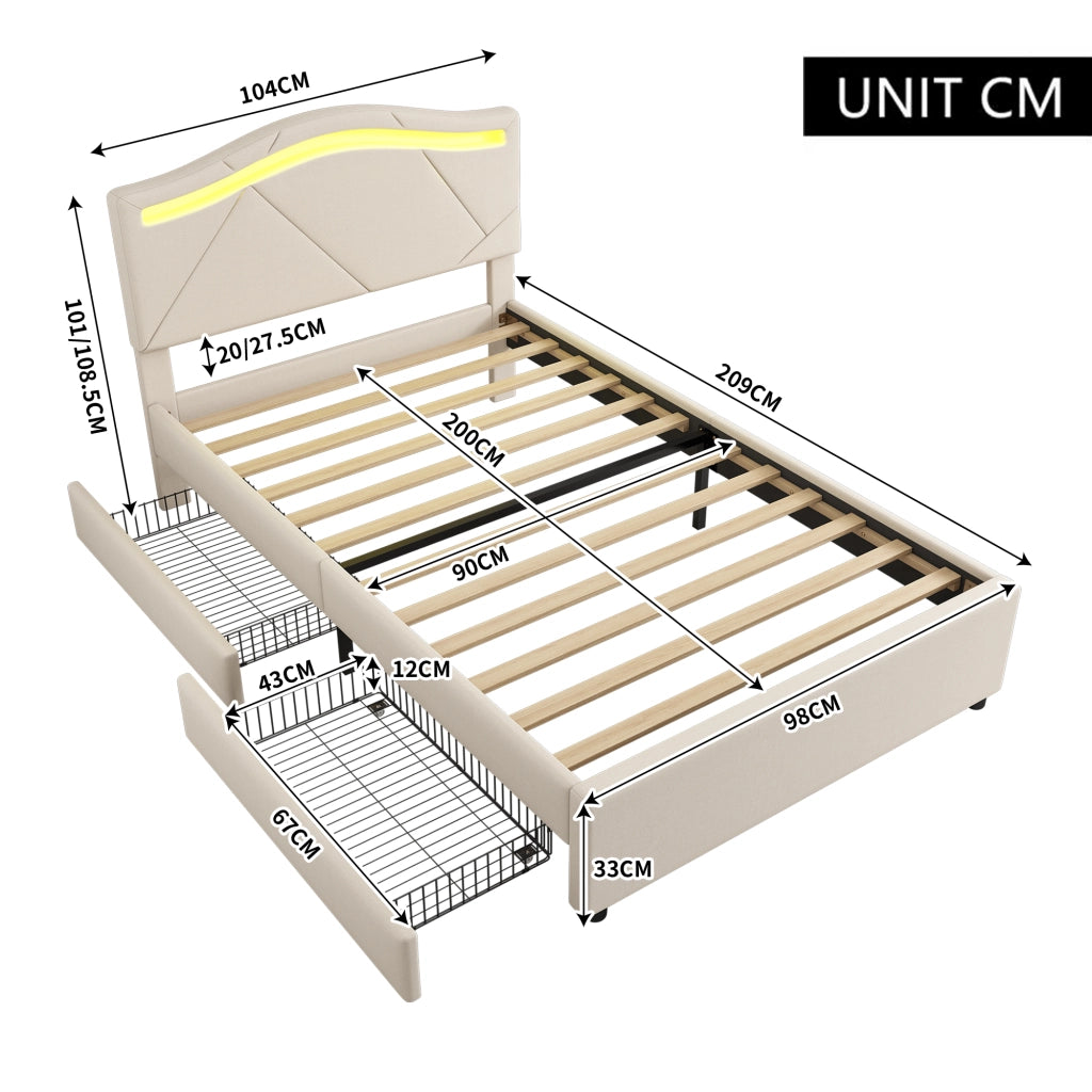 Letto imbottito 90x200 cm con rete a doghe, LED, 2 cassetti, testiera regolabile, beige