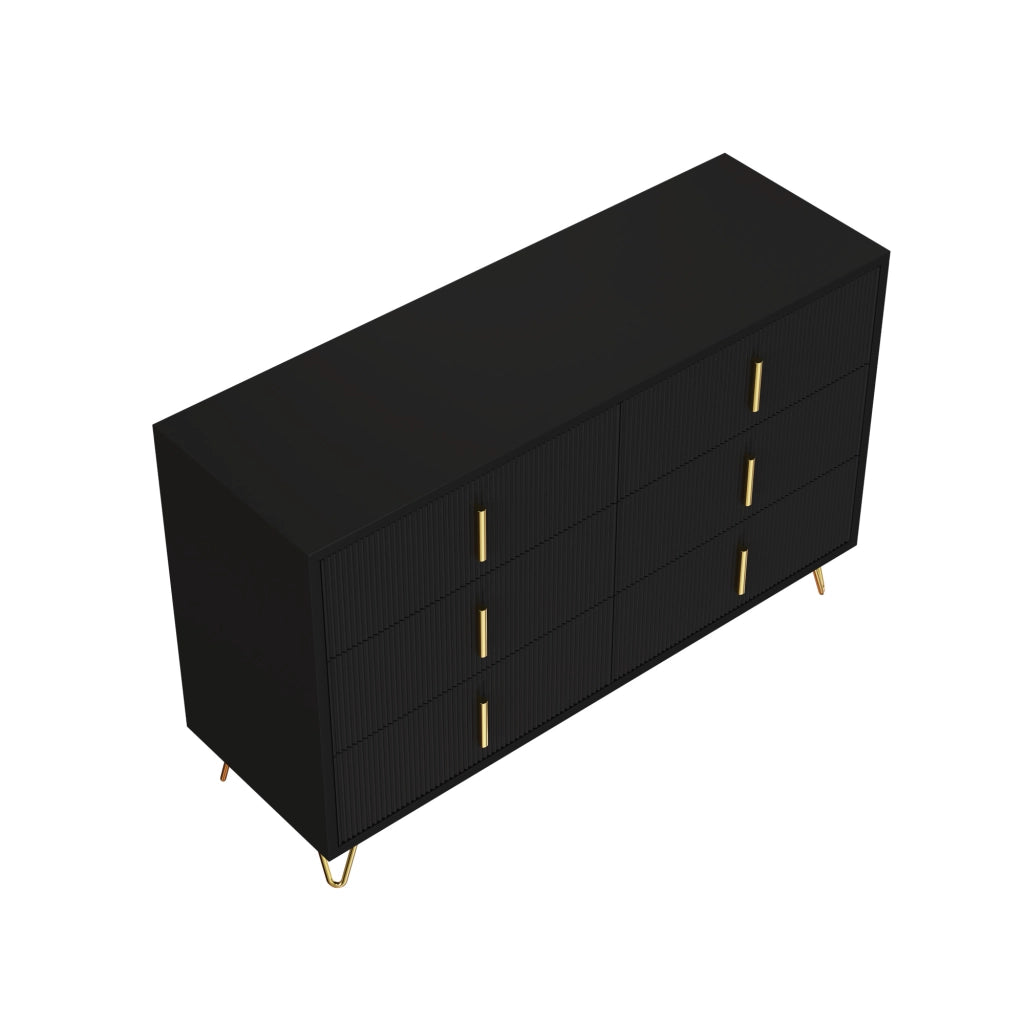 Credenza con 6 Cassetti e Gambe in Metallo; Frontale Ondulato; Stile Moderno; in Pannello Truciolare; 120??40??77 cm; Nero Oro