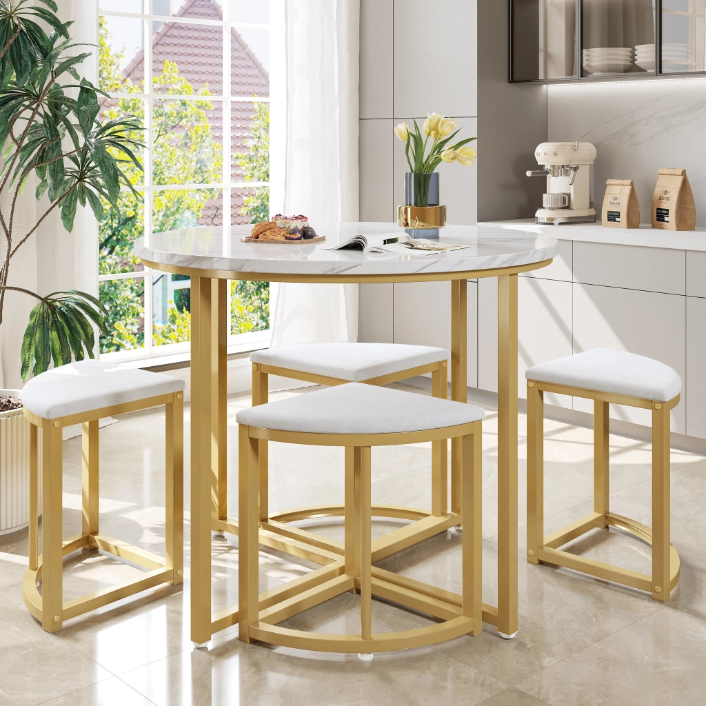 Tavolo da pranzo rotondo per 4 persone con 4 sedie, piano in MDF, struttura in metallo, bianco e oro, 80 cm