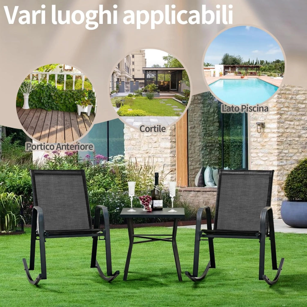 Sedie a Dondolo da Giardino 2 Pezzi, Dondoli da Esterno Ergonomici in Textilene Traspirante e Movimento Dolce, Sedie Dondolo da Balcone Terrazzo Giardino, Portata 150 kg (Nero)