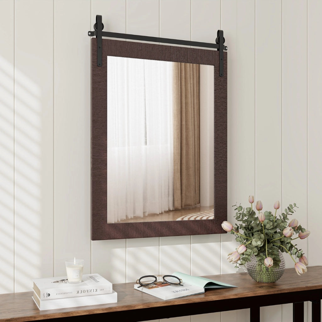 Specchio a parete farmhouse 76,5x56cm, Specchio a muro rettangolare con cornice in legno staffa in metallo Noce-Specchi da parete