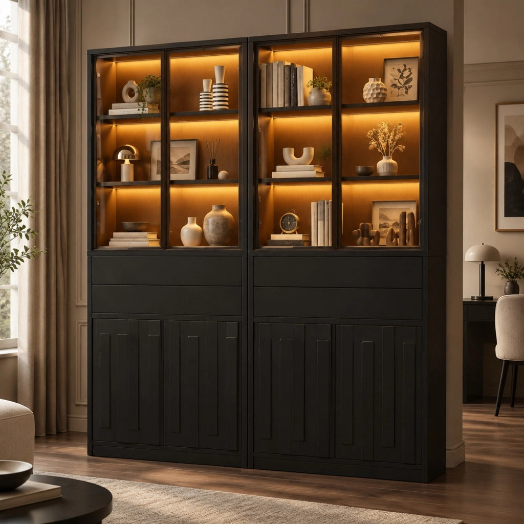 Set 2 vetrine 140x34x180 cm con LED Bluetooth; vetro temperato e 2 cassetti nero HOMVRA