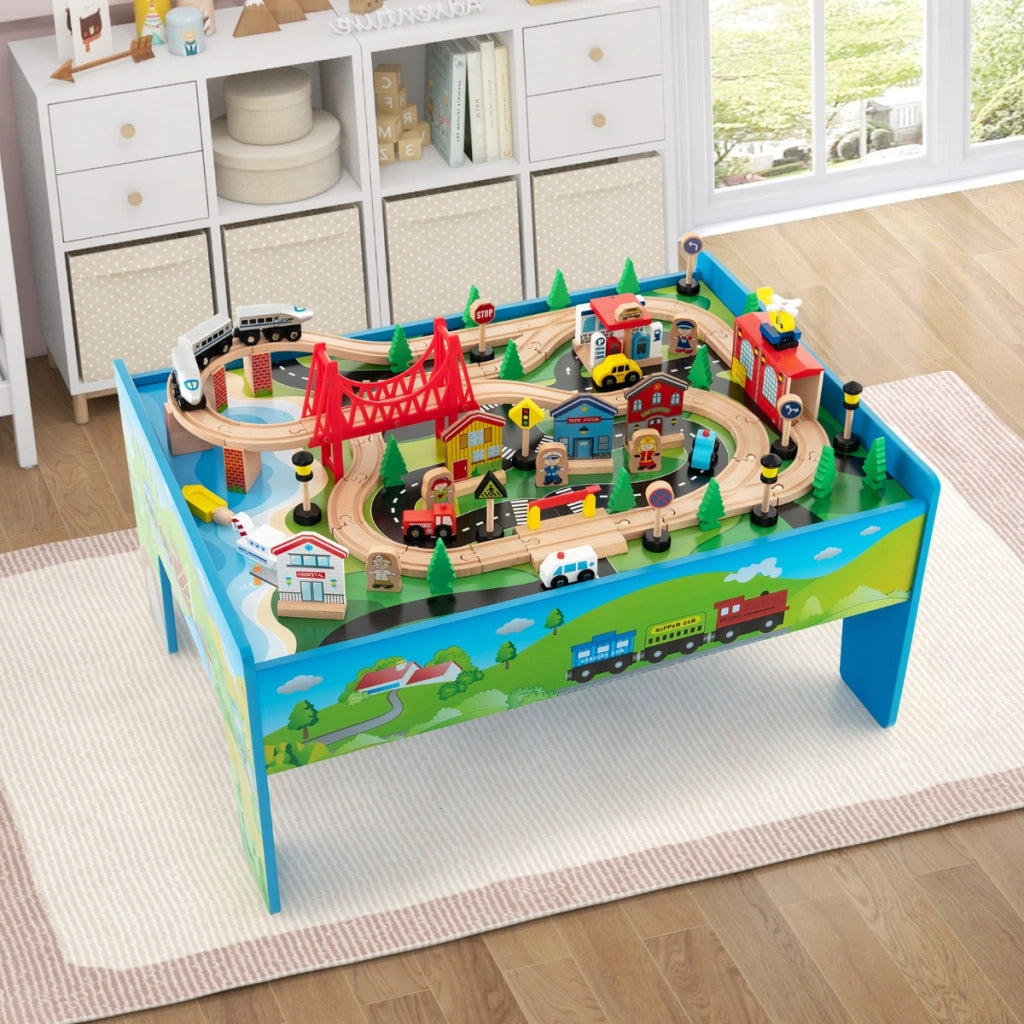 Set di trenini in legno con tavolo reversibile e staccabile cassetto capiente, Tavolo da gioco per bambini 80 Pezzi