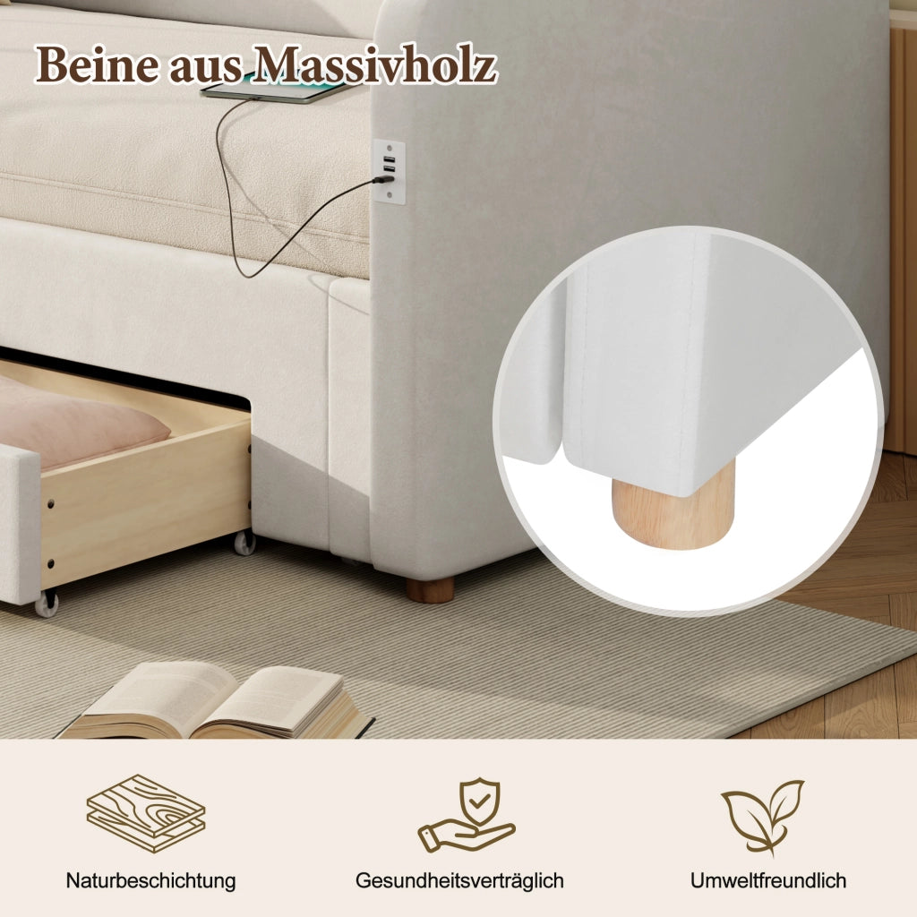 LETTO estraibile 90x200 cm fino a 180x200 cm con cassetti Velluto Beige USB