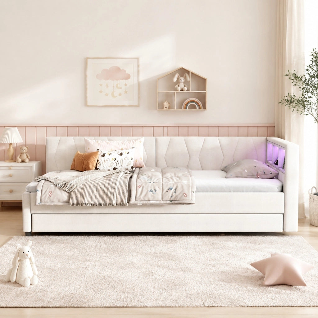 LETTO estraibile 90x200 cm in lino beige con USB, LED e vani testiera