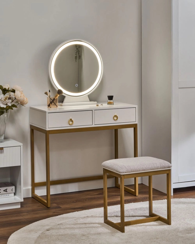 Toeletta con 4 cassetti specchio LED bianco e oro e sgabello camera da letto elegante