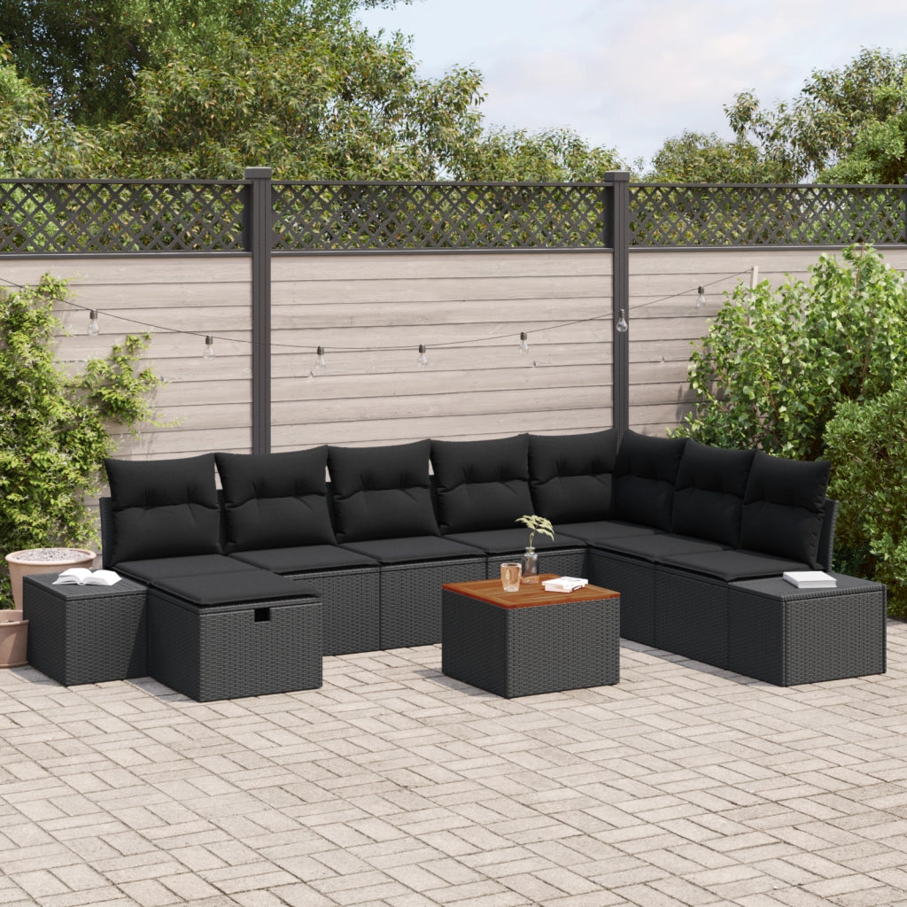 Set Divano da Giardino con Cuscini Black Poly Rattan da 9 Pezzi