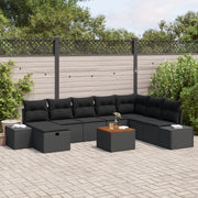 Set Divano da Giardino con Cuscini Black Poly Rattan da 9 Pezzi