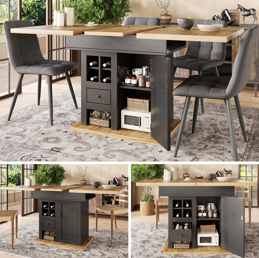 Tavolo da pranzo estensibile 110-140x80 cm con vani contenitore, nero e naturale
