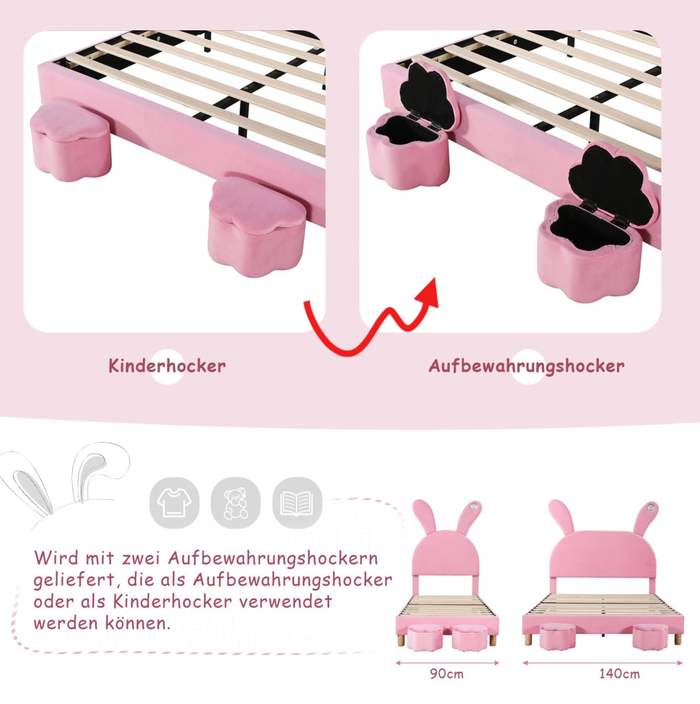 Letto singolo imbottito 90x200 cm in velluto rosa con LED; sponde contenitore e testiera regolabile